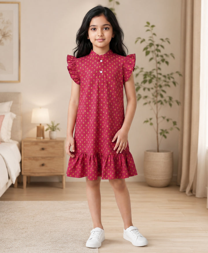 Sunflower Print Frill Dress - Maroon