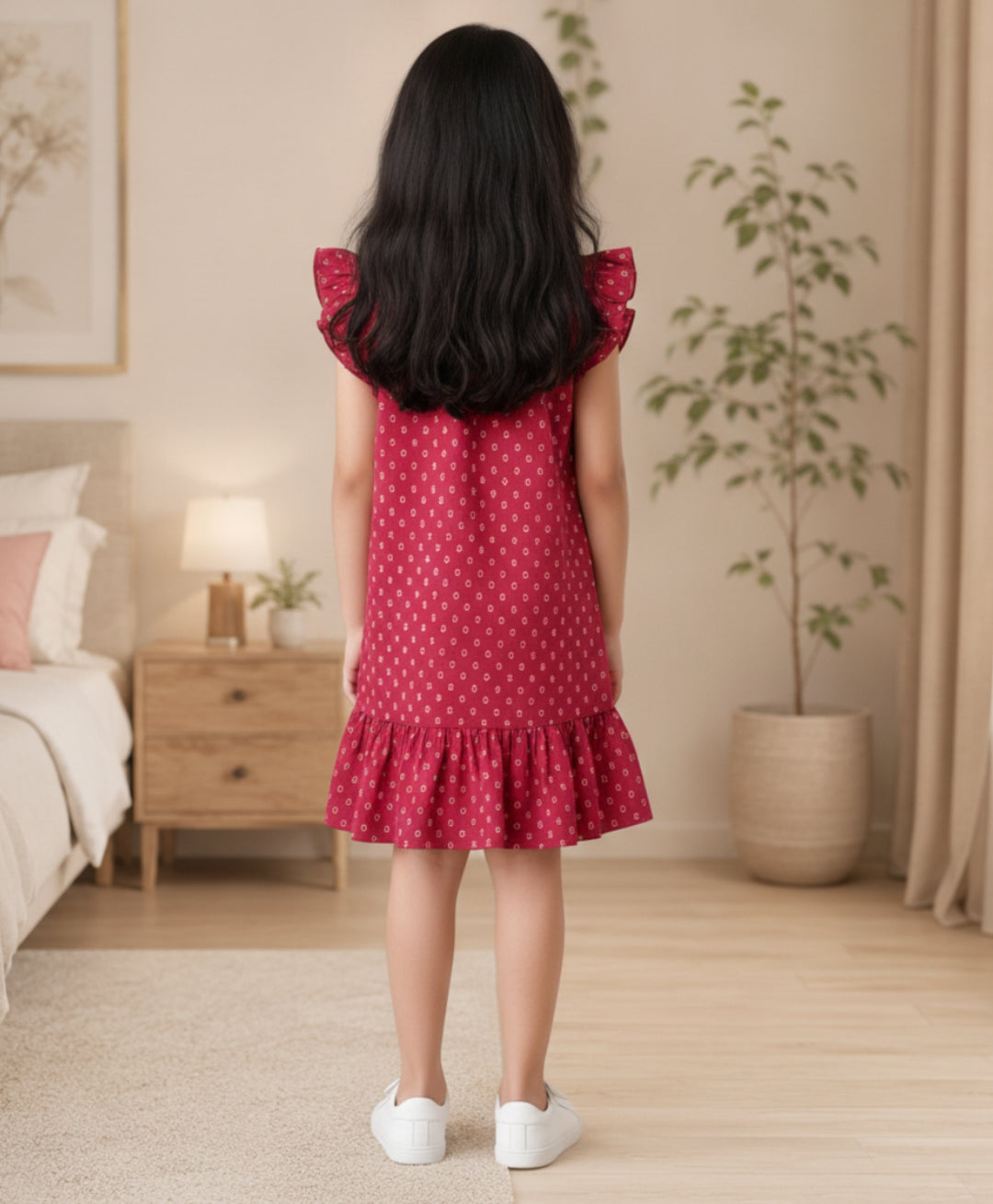 Sunflower Print Frill Dress - Maroon