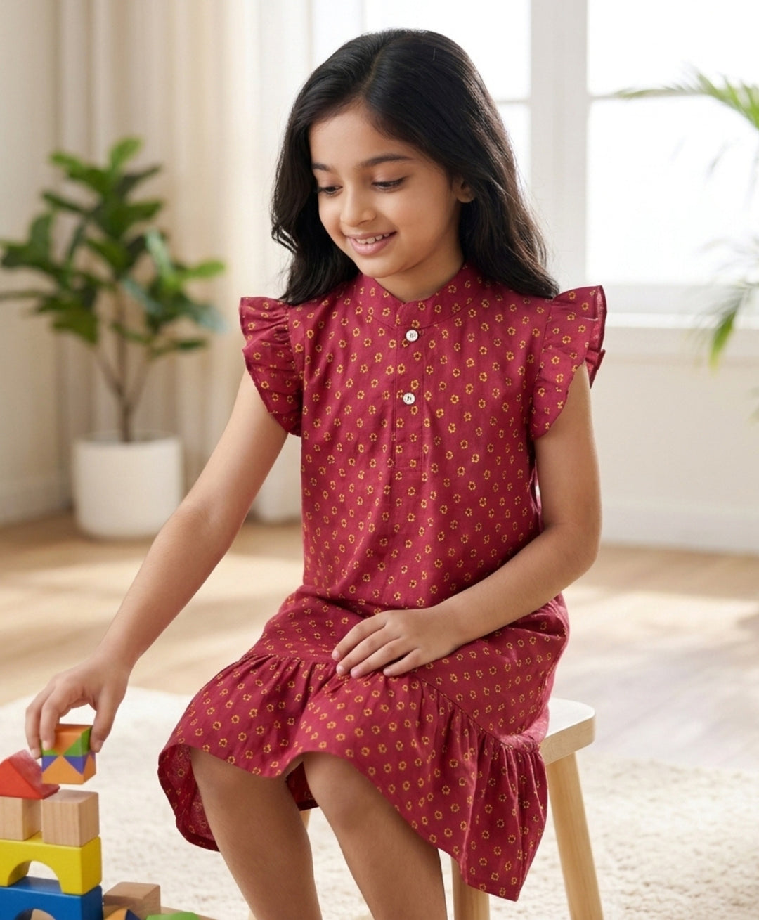 Sunflower Print Frill Dress - Maroon