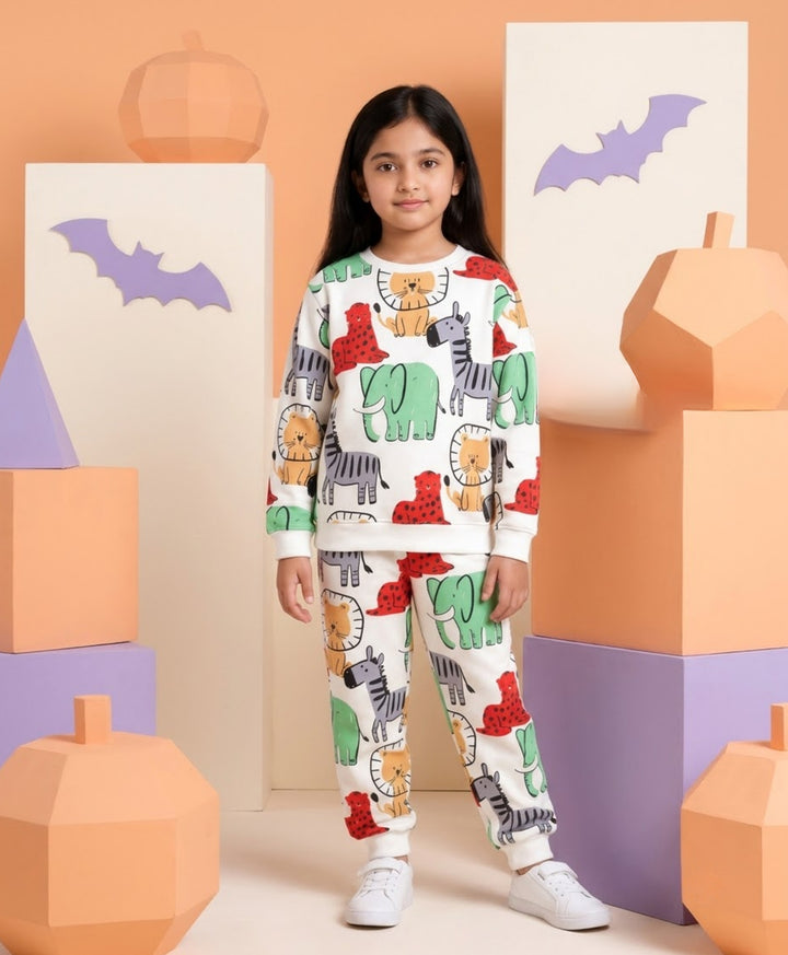 JUNGLE FLEECE GIRLS SWEATSHIRT JOGGER SET - WHITE