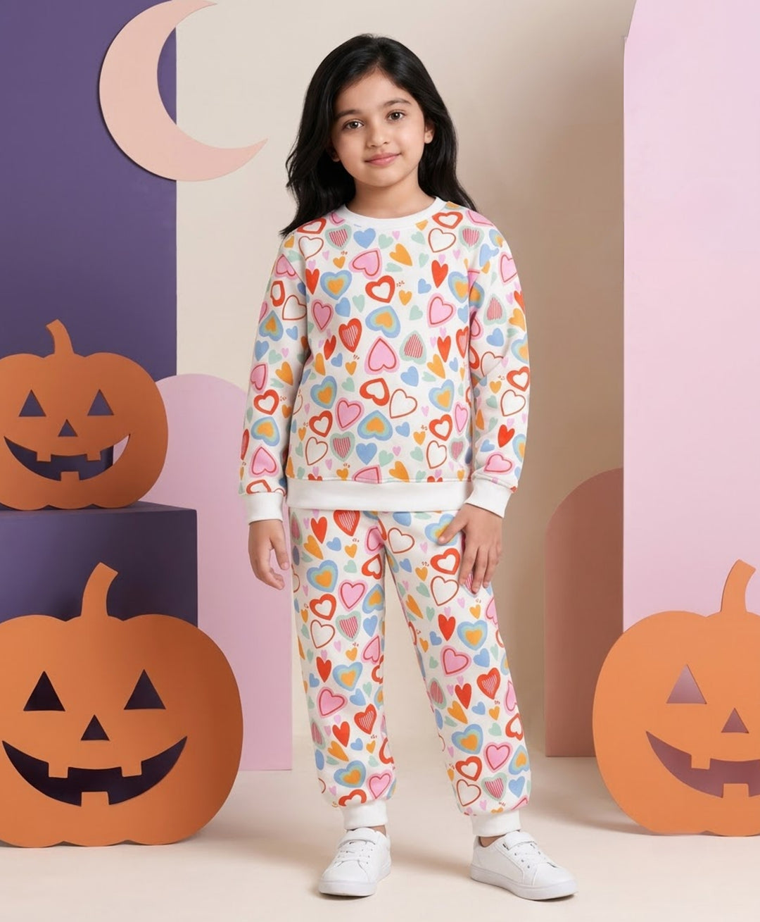 HEARTS FLEECE GIRLS SWEATSHIRT JOGGER SET - WHITE