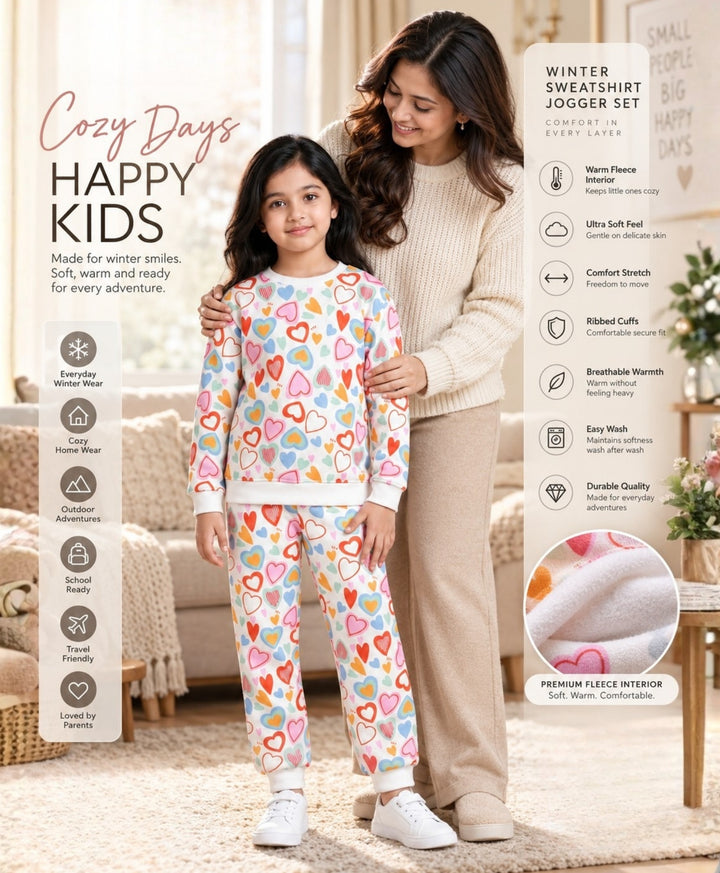HEARTS FLEECE GIRLS SWEATSHIRT JOGGER SET - WHITE