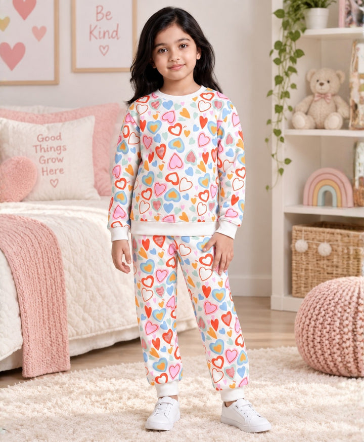 HEARTS FLEECE GIRLS SWEATSHIRT JOGGER SET - WHITE