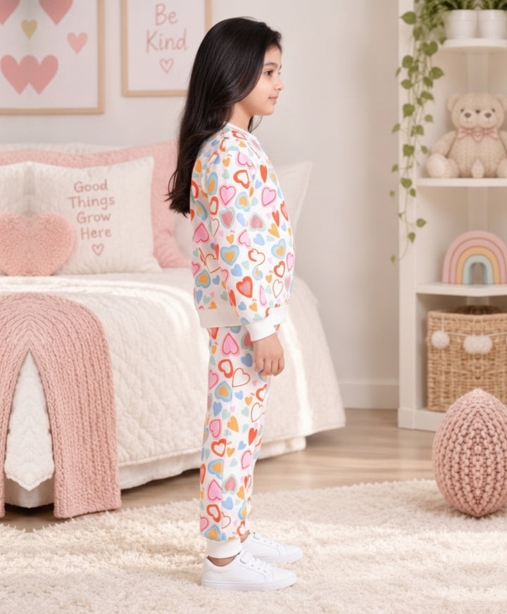 HEARTS FLEECE GIRLS SWEATSHIRT JOGGER SET - WHITE