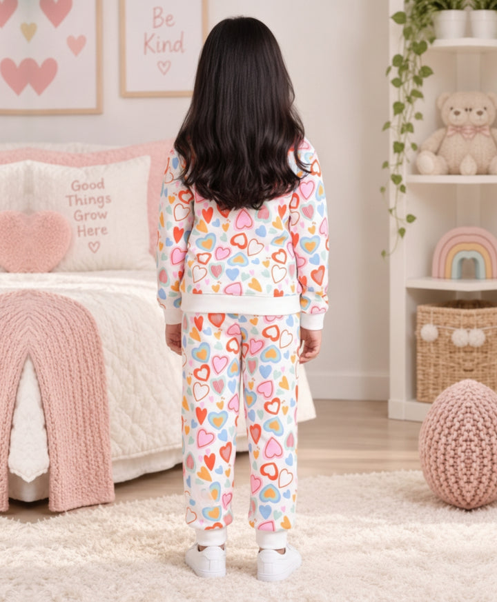 HEARTS FLEECE GIRLS SWEATSHIRT JOGGER SET - WHITE