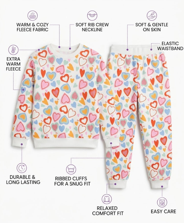 HEARTS FLEECE GIRLS SWEATSHIRT JOGGER SET - WHITE