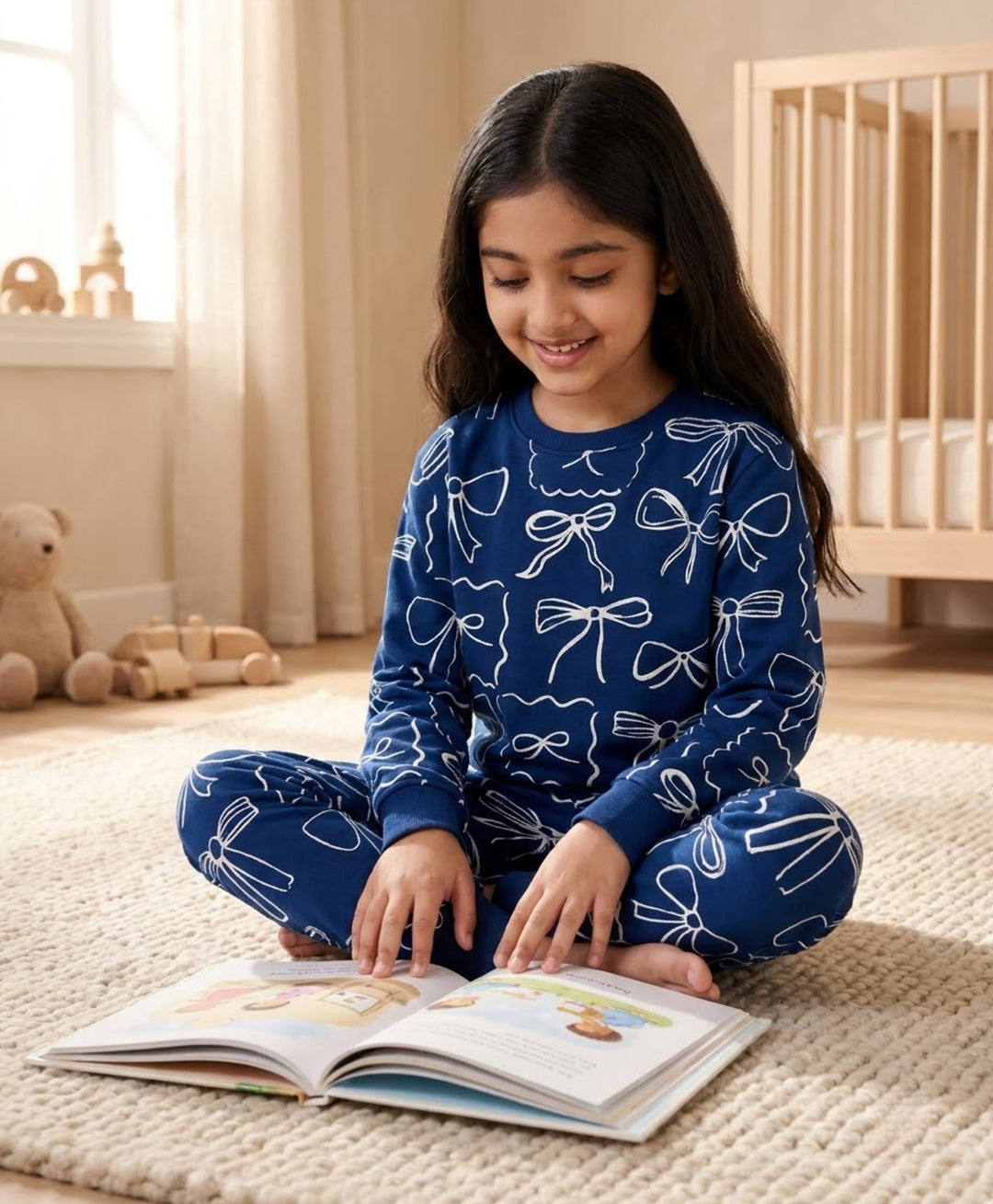 BLUE BOW FLEECE GIRLS SWEATSHIRT JOGGER SET - BLUE