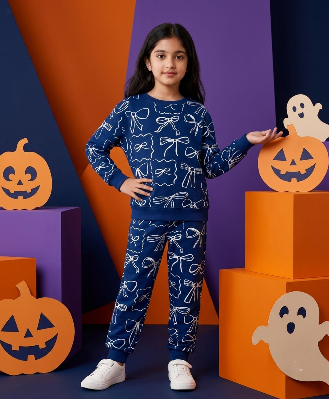 BLUE BOW FLEECE GIRLS SWEATSHIRT JOGGER SET - BLUE