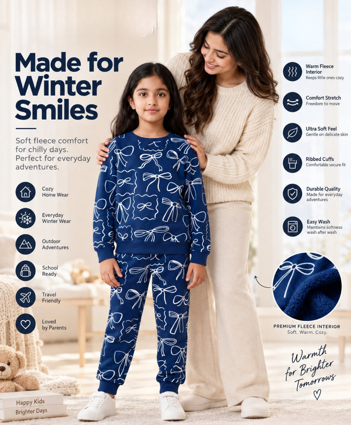 BLUE BOW FLEECE GIRLS SWEATSHIRT JOGGER SET - BLUE
