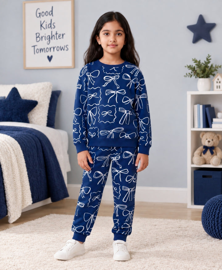 BLUE BOW FLEECE GIRLS SWEATSHIRT JOGGER SET - BLUE