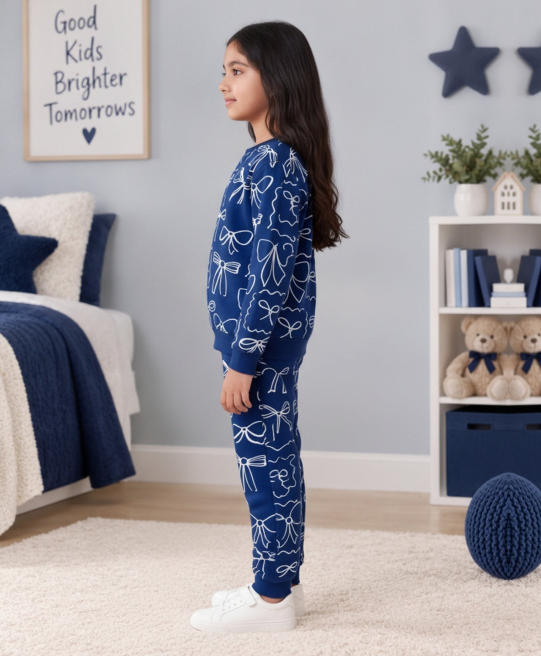 BLUE BOW FLEECE GIRLS SWEATSHIRT JOGGER SET - BLUE