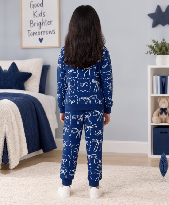 BLUE BOW FLEECE GIRLS SWEATSHIRT JOGGER SET - BLUE