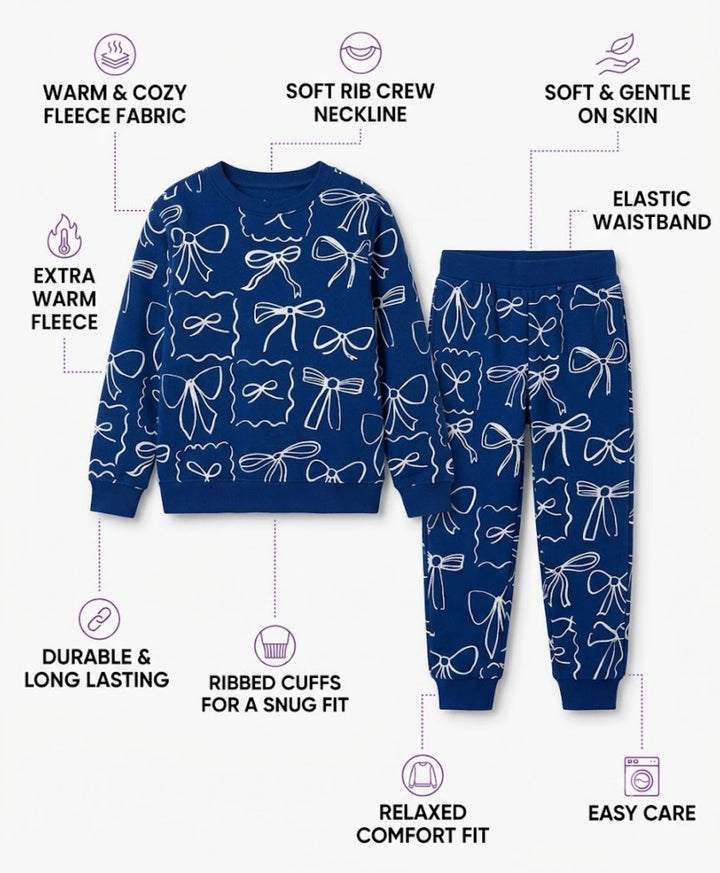 BLUE BOW FLEECE GIRLS SWEATSHIRT JOGGER SET - BLUE