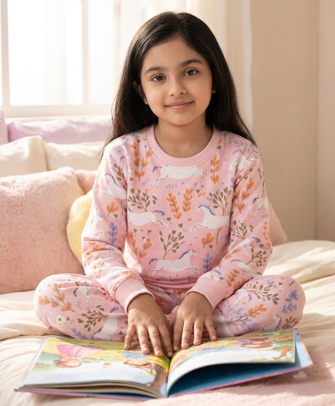 UNICORN GARDEN FLEECE GIRLS SWEATSHIRT JOGGER SET - PINK