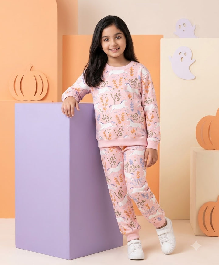 UNICORN GARDEN FLEECE GIRLS SWEATSHIRT JOGGER SET - PINK