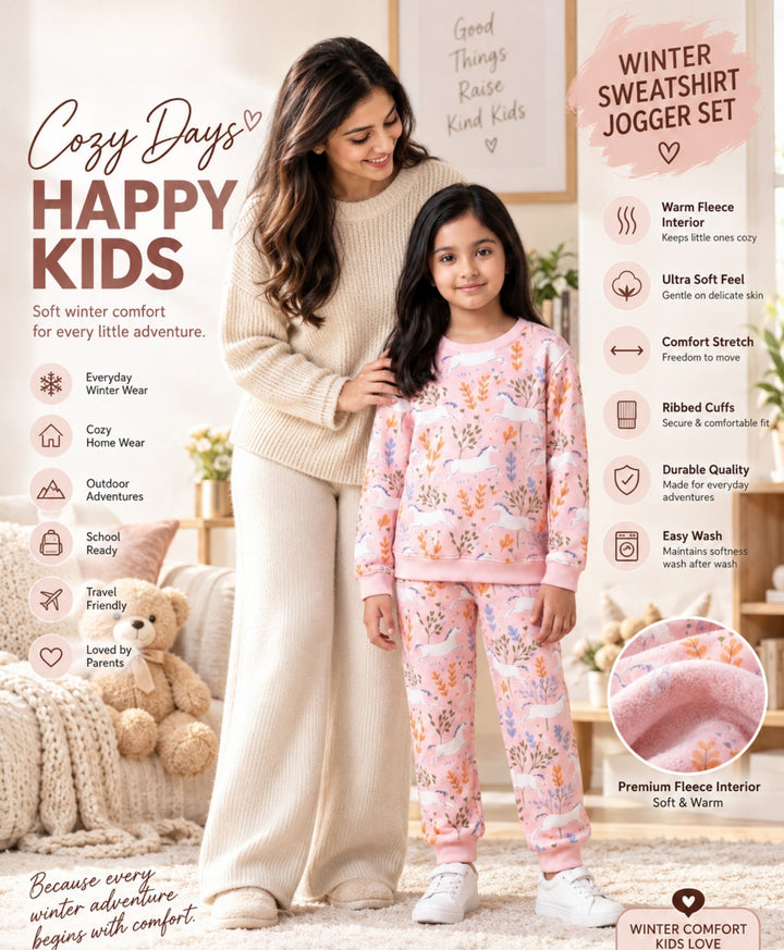 UNICORN GARDEN FLEECE GIRLS SWEATSHIRT JOGGER SET - PINK