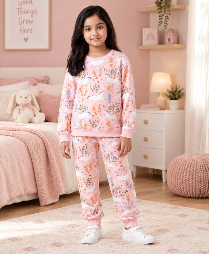 UNICORN GARDEN FLEECE GIRLS SWEATSHIRT JOGGER SET - PINK