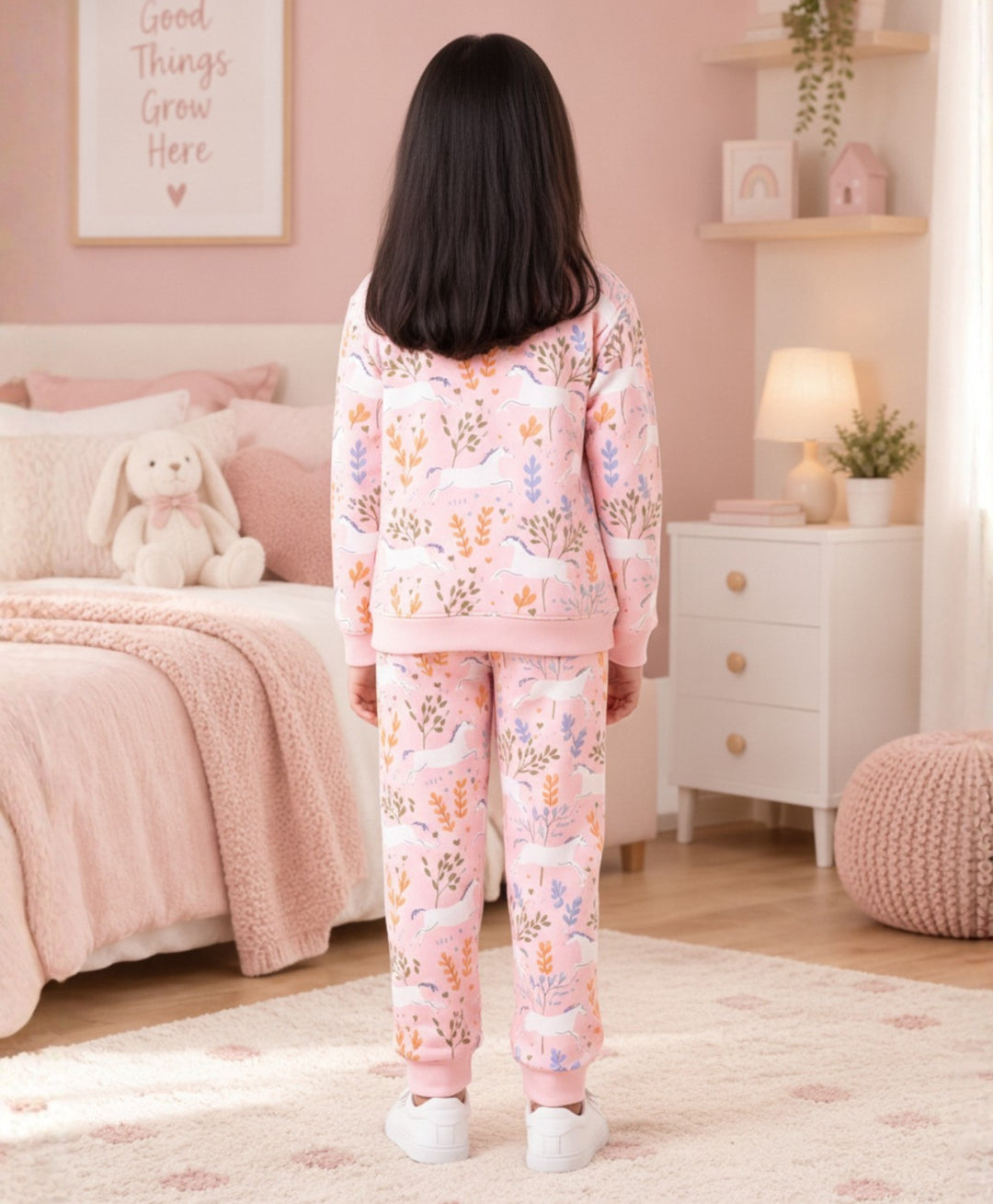 UNICORN GARDEN FLEECE GIRLS SWEATSHIRT JOGGER SET - PINK