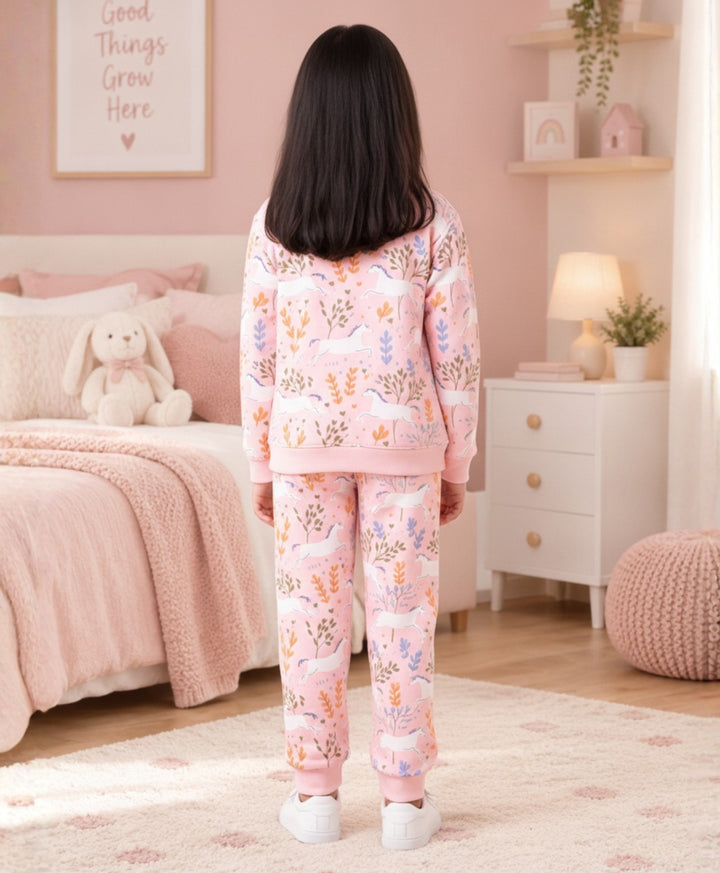 UNICORN GARDEN FLEECE GIRLS SWEATSHIRT JOGGER SET - PINK