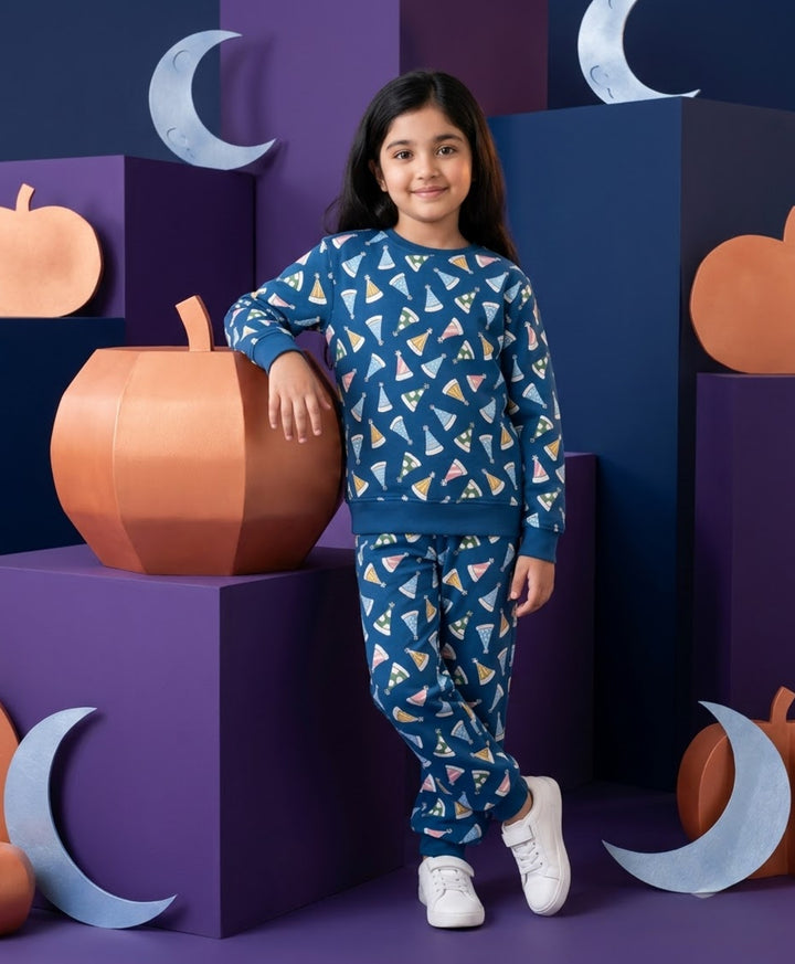 PARTY CAPS BLUE FLEECE GIRLS SWEATSHIRT JOGGER SET -BLUE
