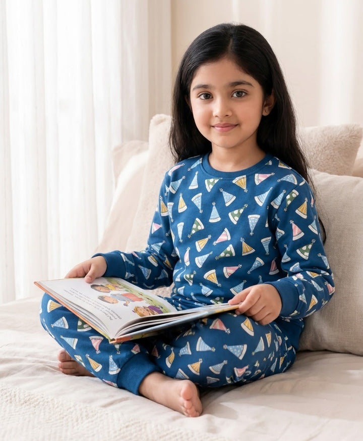 PARTY CAPS BLUE FLEECE GIRLS SWEATSHIRT JOGGER SET -BLUE