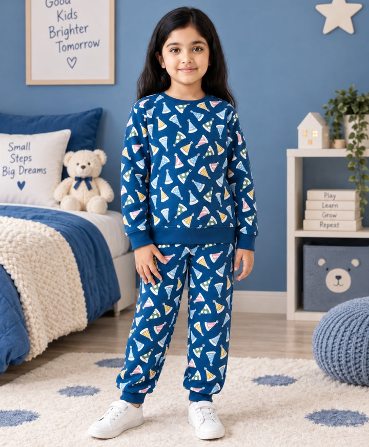 PARTY CAPS BLUE FLEECE GIRLS SWEATSHIRT JOGGER SET -BLUE