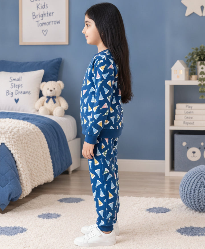 PARTY CAPS BLUE FLEECE GIRLS SWEATSHIRT JOGGER SET -BLUE