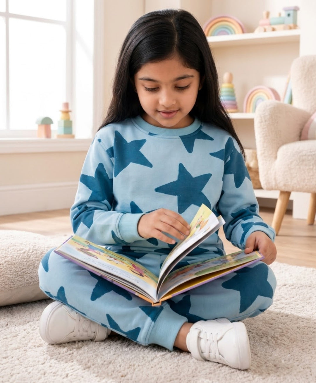 BLUE STARS FLEECE GIRLS SWEATSHIRT JOGGER SET -BLUE