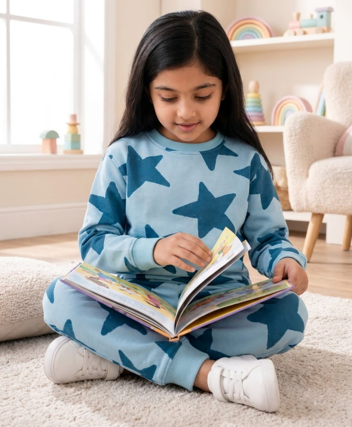 BLUE STARS FLEECE GIRLS SWEATSHIRT JOGGER SET -BLUE