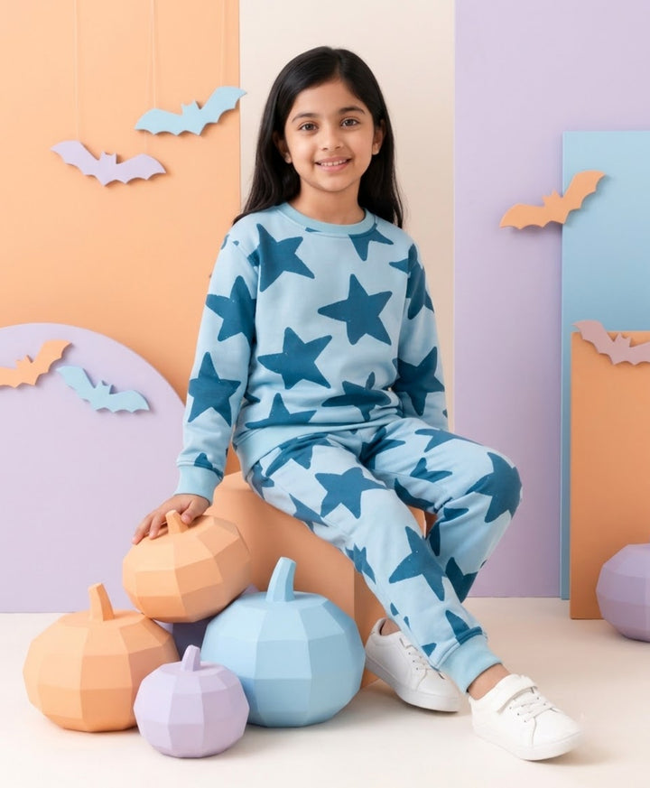 BLUE STARS FLEECE GIRLS SWEATSHIRT JOGGER SET -BLUE