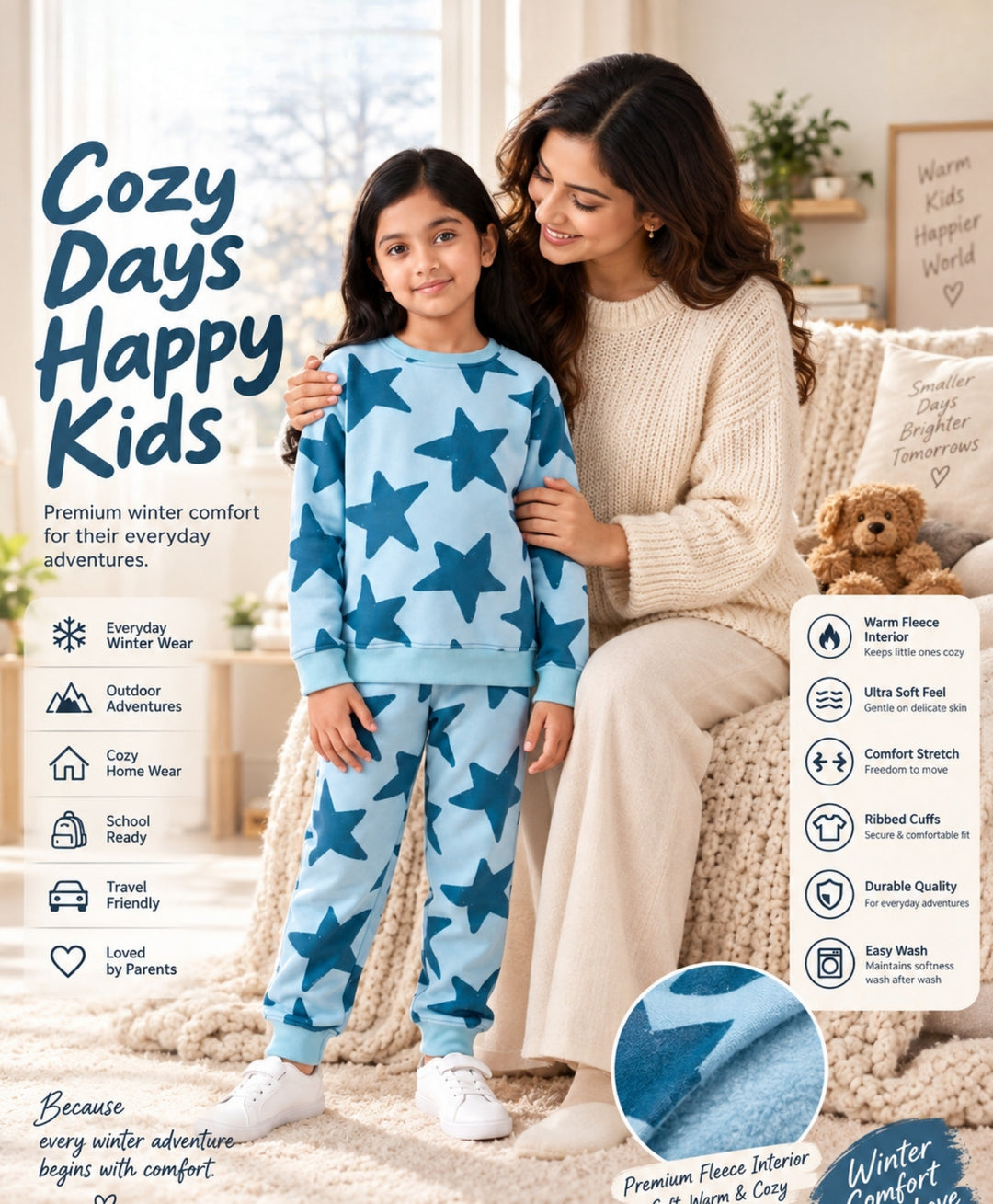 BLUE STARS FLEECE GIRLS SWEATSHIRT JOGGER SET -BLUE