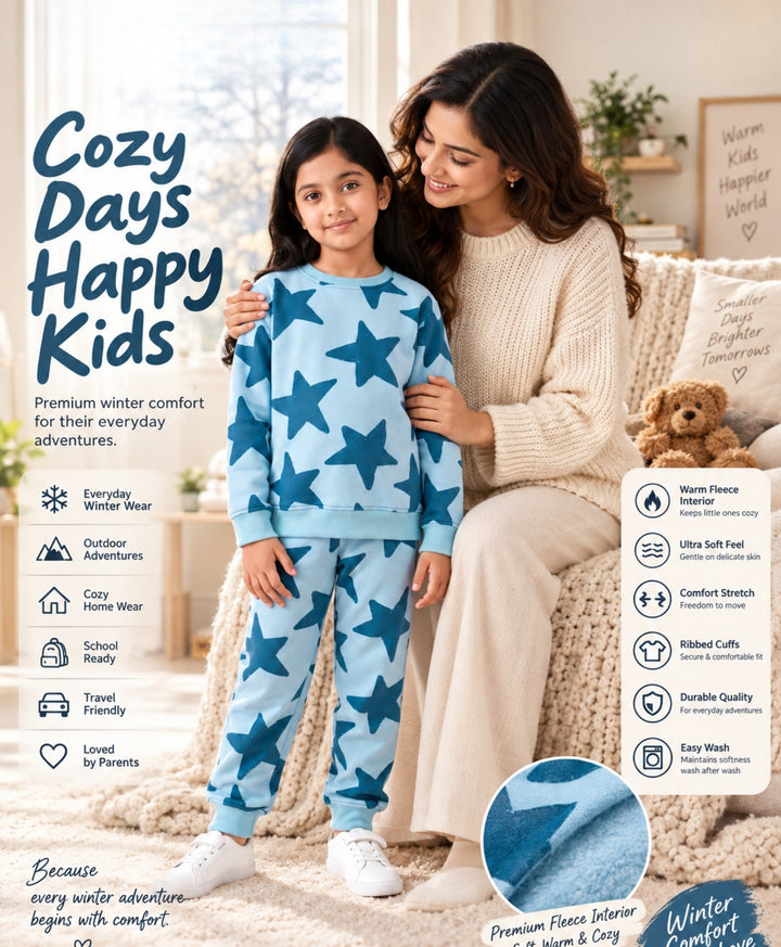 BLUE STARS FLEECE GIRLS SWEATSHIRT JOGGER SET -BLUE