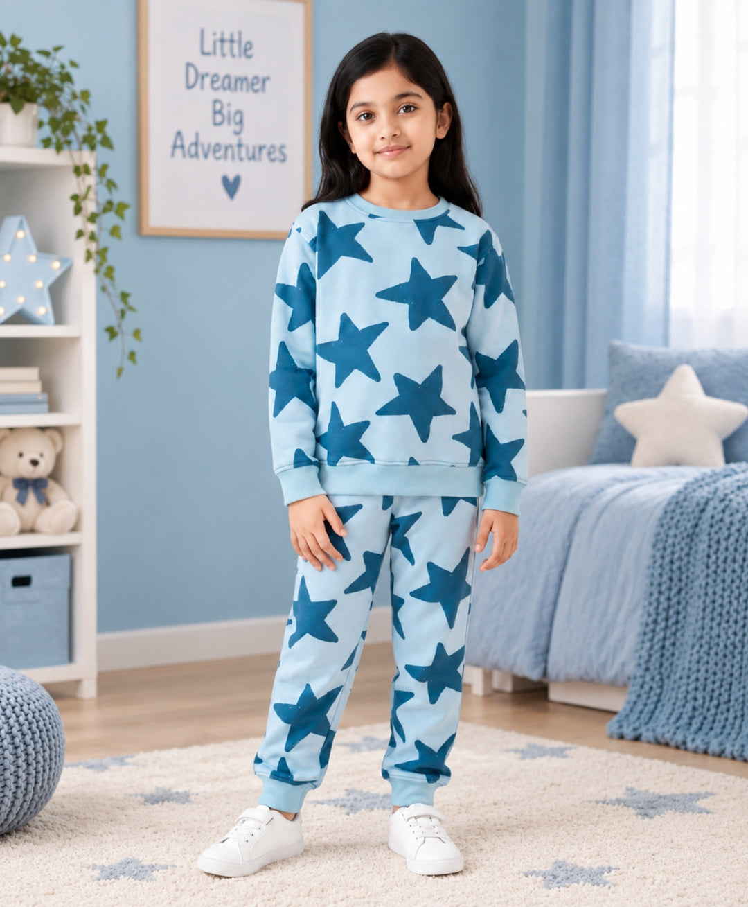 BLUE STARS FLEECE GIRLS SWEATSHIRT JOGGER SET -BLUE