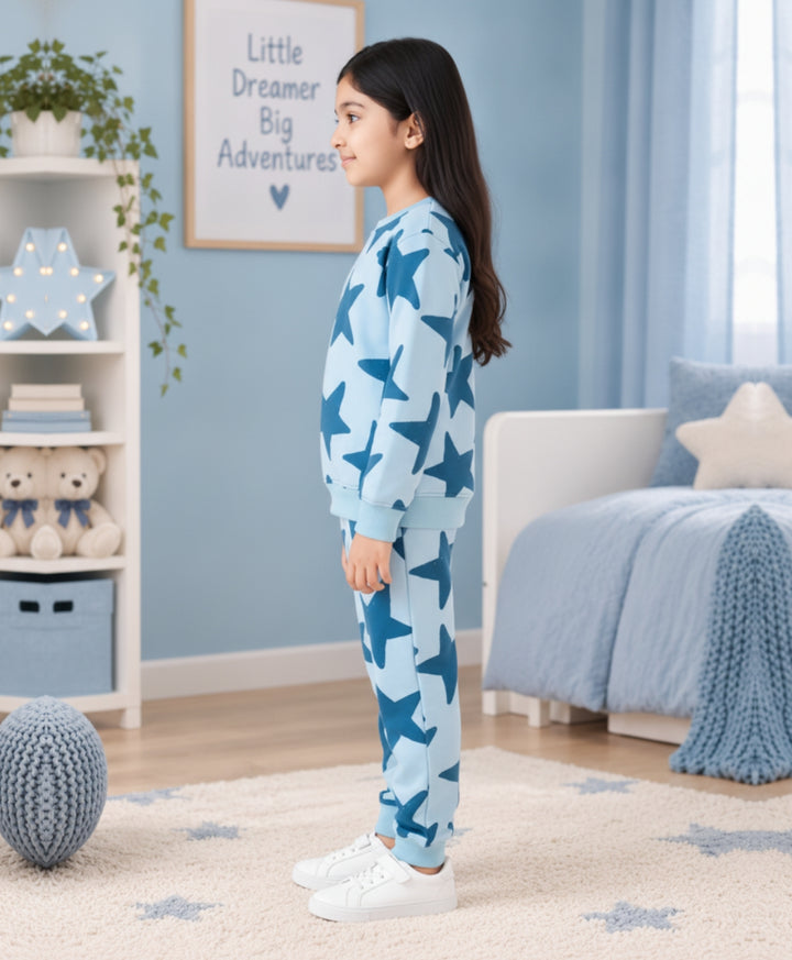 BLUE STARS FLEECE GIRLS SWEATSHIRT JOGGER SET -BLUE