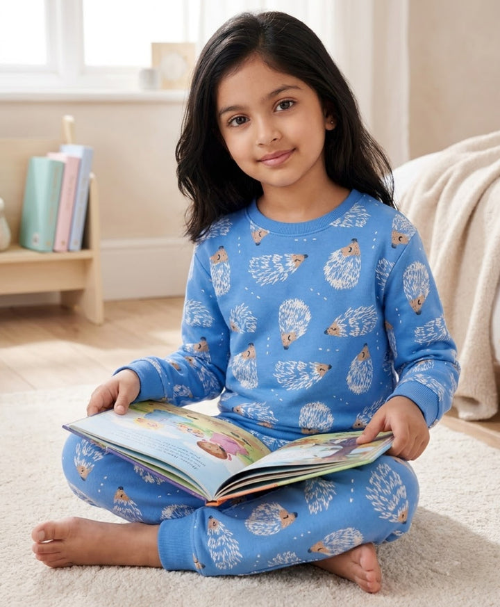 HEDGEHOG FLEECE GIRLS SWEATSHIRT JOGGER SET  - SKY