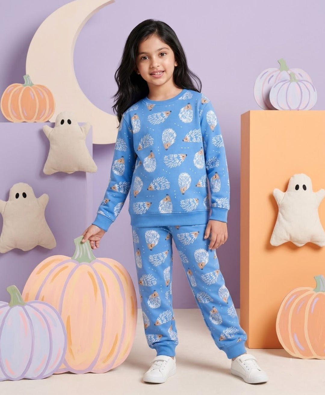 HEDGEHOG FLEECE GIRLS SWEATSHIRT JOGGER SET  - SKY