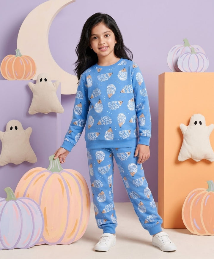 HEDGEHOG FLEECE GIRLS SWEATSHIRT JOGGER SET  - SKY
