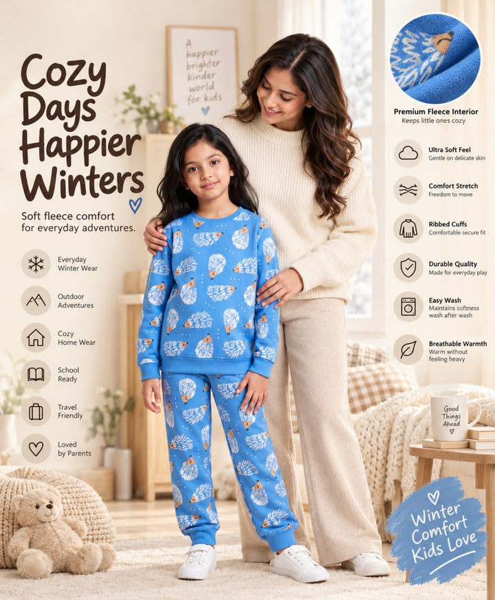 HEDGEHOG FLEECE GIRLS SWEATSHIRT JOGGER SET  - SKY