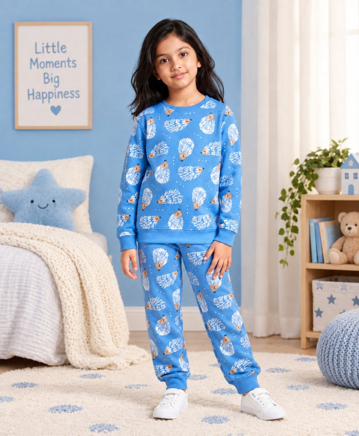 HEDGEHOG FLEECE GIRLS SWEATSHIRT JOGGER SET  - SKY