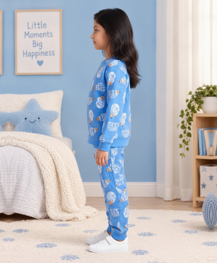 HEDGEHOG FLEECE GIRLS SWEATSHIRT JOGGER SET  - SKY