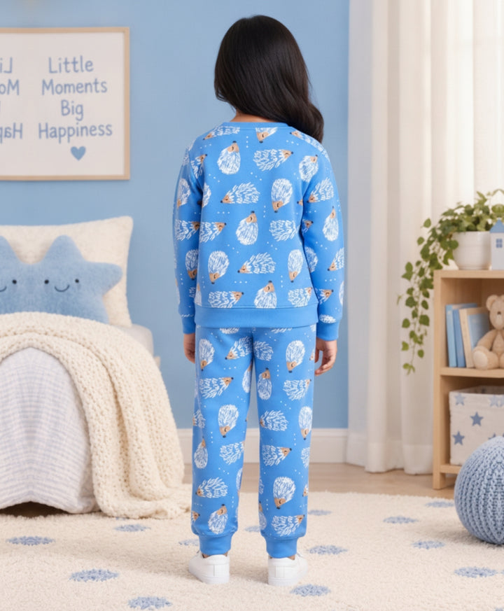 HEDGEHOG FLEECE GIRLS SWEATSHIRT JOGGER SET  - SKY