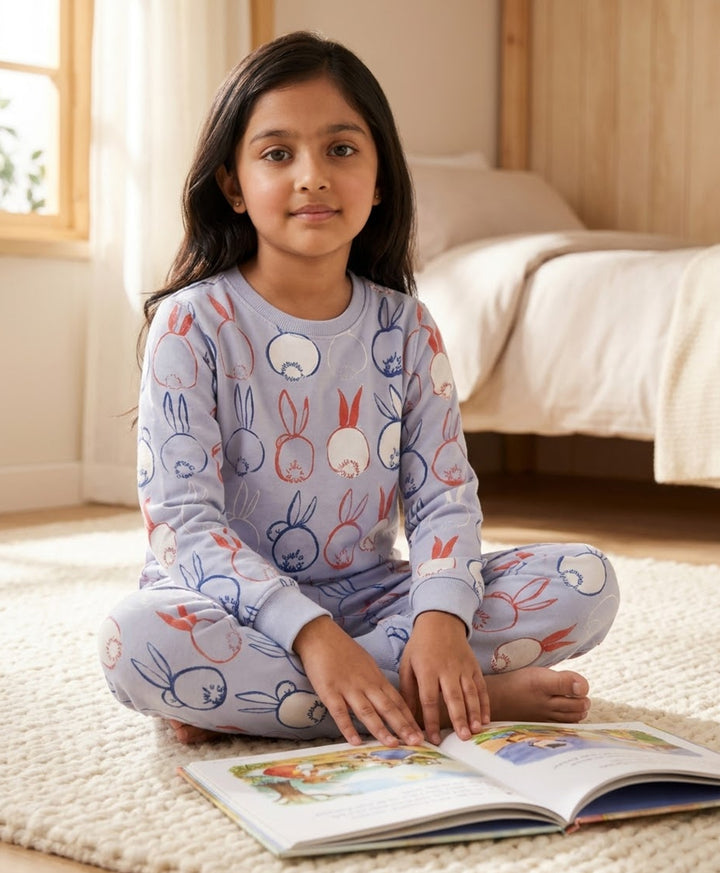 RABBIT PRINT FLEECE GIRLS SWEATSHIRT JOGGER SET -BLUE