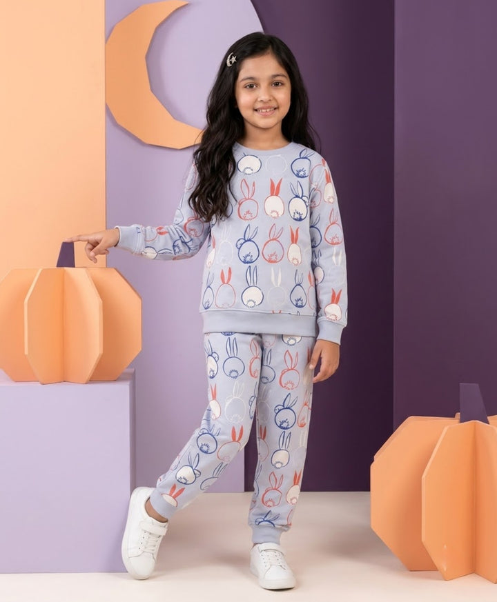 RABBIT PRINT FLEECE GIRLS SWEATSHIRT JOGGER SET -BLUE