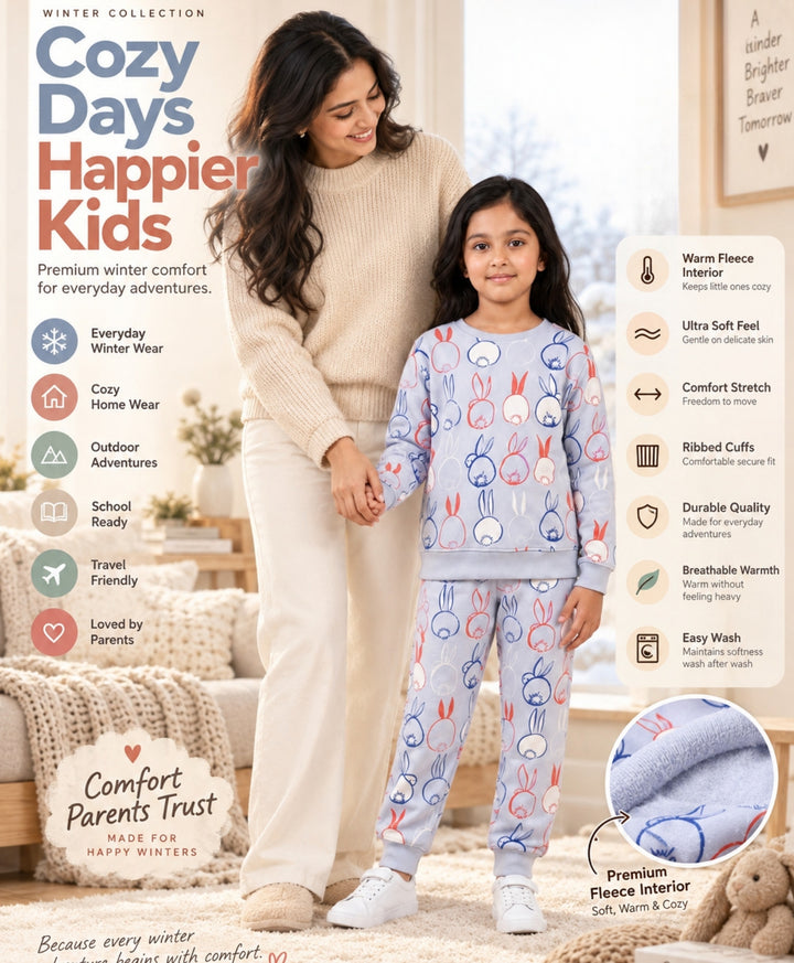RABBIT PRINT FLEECE GIRLS SWEATSHIRT JOGGER SET -BLUE
