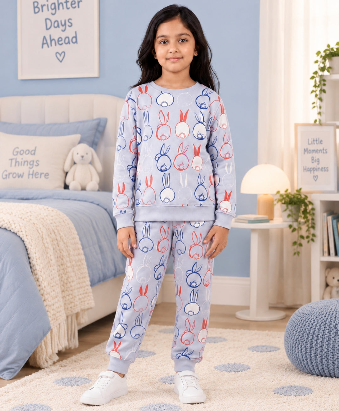 RABBIT PRINT FLEECE GIRLS SWEATSHIRT JOGGER SET -BLUE