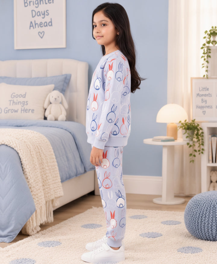 RABBIT PRINT FLEECE GIRLS SWEATSHIRT JOGGER SET -BLUE