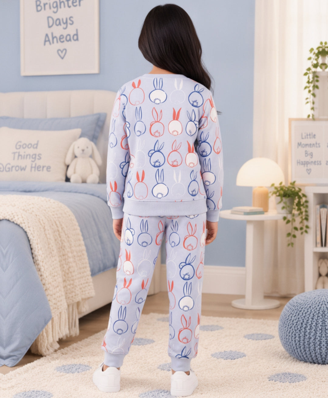 RABBIT PRINT FLEECE GIRLS SWEATSHIRT JOGGER SET -BLUE