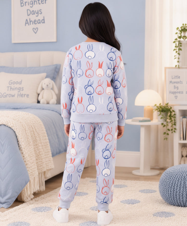 RABBIT PRINT FLEECE GIRLS SWEATSHIRT JOGGER SET -BLUE