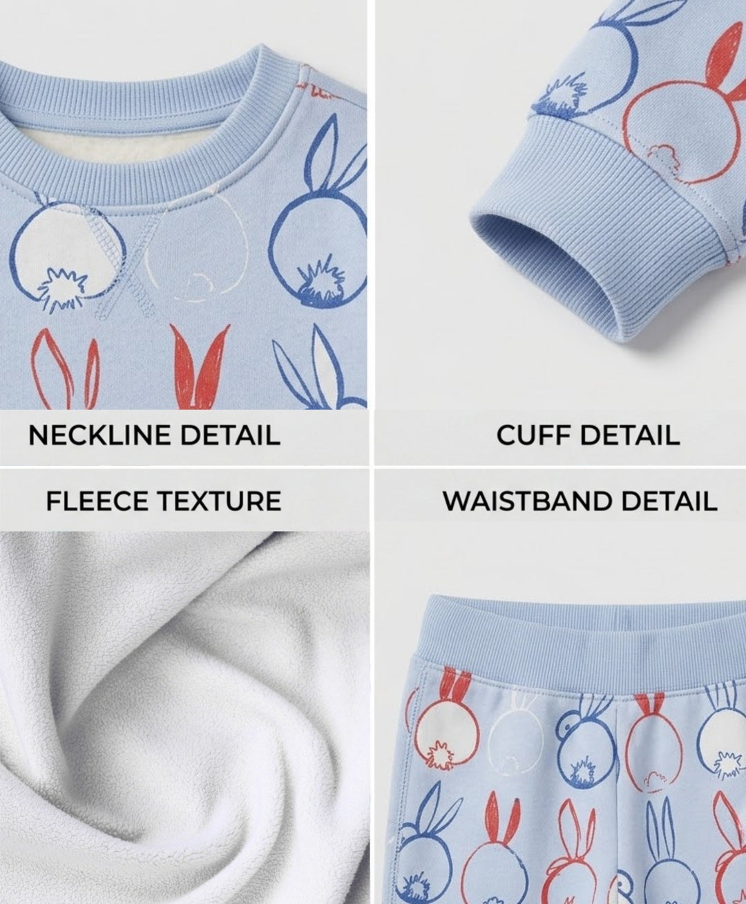 RABBIT PRINT FLEECE GIRLS SWEATSHIRT JOGGER SET -BLUE