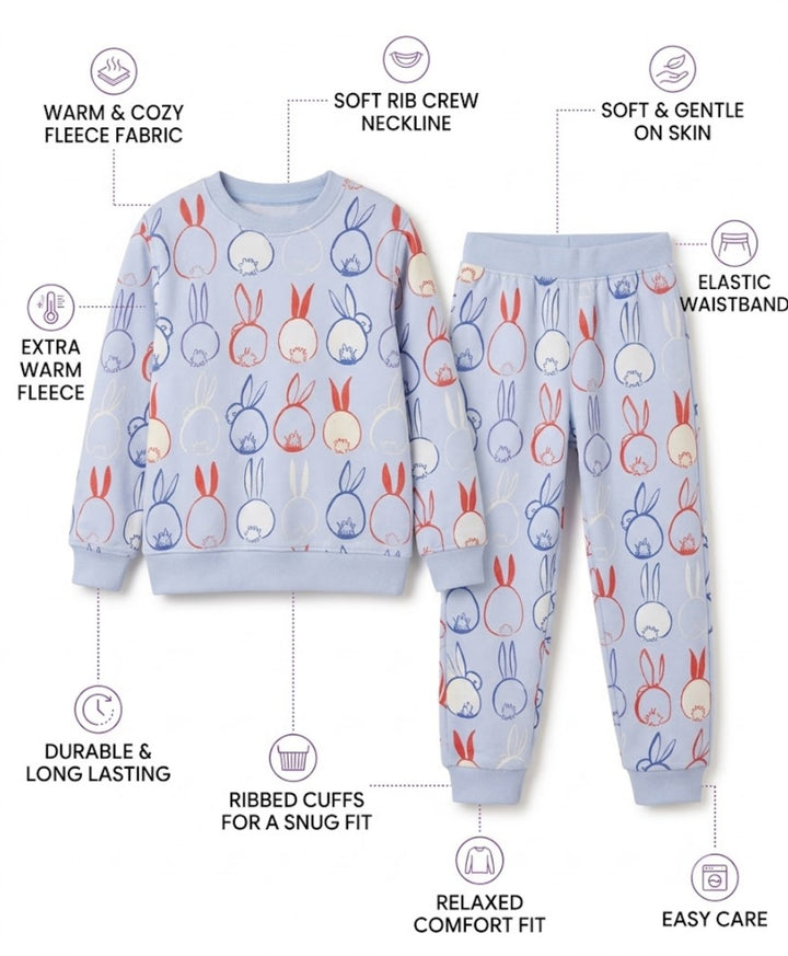 RABBIT PRINT FLEECE GIRLS SWEATSHIRT JOGGER SET -BLUE
